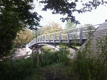 Das Bild zeigt eine Brücke über einen Kanal. Im Vordergrund sind Sträucher und Blätter.